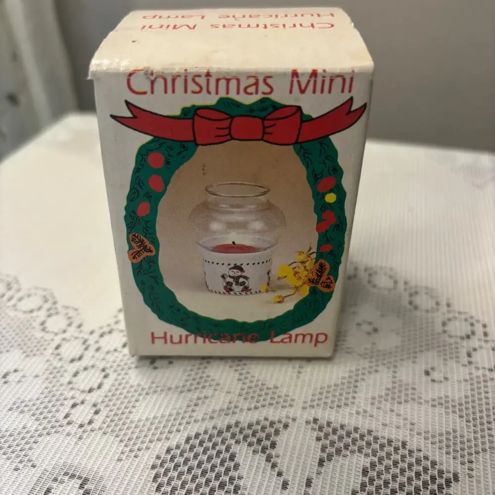Vintage Christmas Mini Hurricane Lamp Original Box Taiwan Tree Scene Collectible